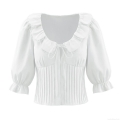 Women's French Retro White Blouse Cotton Blend Lace Patchwork Pleated Smocking Square Neck Puff Sleeves Bow Tie Casual Summer Shirt Tops