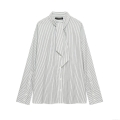 Women's Fashion Striped Scarf Tie Neck Long Sleeve Shirt Loose Casual Polyester Blouse With Buttons Office Streetwear Tops
