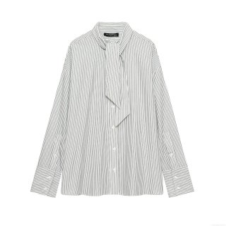 Women's Fashion Striped Scarf Tie Neck Long Sleeve Shirt Loose Casual Polyester Blouse With Buttons Office Streetwear Tops