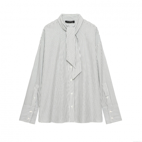 Women's Fashion Striped Scarf Tie Neck Long Sleeve Shirt Loose Casual Polyester Blouse With Buttons Office Streetwear Tops