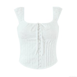 Women's Elegant Cotton Broderie Anglaise Corset Top Square Neck Eyelet Embroidery Slim Fit Smocked Cami Top White Summer Sleeveless Vest With Buttons Women's Elegant Cotton Broderie Anglaise Corset Top Square Neck Eyelet Embroidery Slim Fit Smocked Cami Top White Summer Sleeveless Vest With Buttons