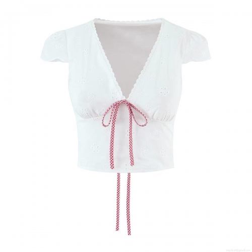 Women's French Retro Eyelet Embroidery V-Neck Crop Top With Red Gingham Ribbon Bow Short Puff Sleeve 100% Cotton Blouse For Summer Streetwear Elegant Hollow Out Top