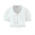 Women's French Retro White Lace Peter Pan Collar Shirt Puff Short Sleeve Slim Splicing Blouse with Bow Embroidery Mesh Hem for Summer Daily Dating Party Elegant Sweet Top