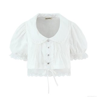 Women's French Retro White Lace Peter Pan Collar Shirt Puff Short Sleeve Slim Splicing Blouse with Bow Embroidery Mesh Hem for Summer Daily Dating Party Elegant Sweet Top