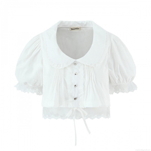 Women's French Retro White Lace Peter Pan Collar Shirt Puff Short Sleeve Slim Splicing Blouse with Bow Embroidery Mesh Hem for Summer Daily Dating Party Elegant Sweet Top