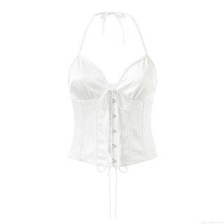 Women's Sexy Halter Neck Corset Top White Satin Lace Up Bustier Crop Top Body Shaping Backless Tank Top For Party Clubwear Streetwear Women's Sexy Halter Neck Corset Top White Satin Lace Up Bustier Crop Top Body Shaping Backless Tank Top For Party Clubwear Streetwear