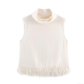 Women's Elegant High Neck Sleeveless Top With Feather Tassel Hem Shoulder Pads Beige Satin Texture Vest Blouse For Party Streetwear Spring