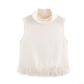 Women's Elegant High Neck Sleeveless Top With Feather Tassel Hem Shoulder Pads Beige Satin Texture Vest Blouse For Party Streetwear Spring