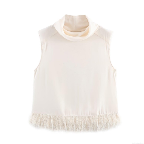 Women's Elegant High Neck Sleeveless Top With Feather Tassel Hem Shoulder Pads Beige Satin Texture Vest Blouse For Party Streetwear Spring