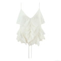 Women's White V Neck Camisole Polyester Ruffle Eyelet Embroidery Top Summer Casual Sleeveless Button Tie Hem Tank Top Western Style Fashion Lady