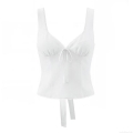 Women's Slim Fit Lace V-Neck Camisole White Cotton Blend Tank Top With Bow Tie Front And Back Zipper Sleeveless Vest For Summer Casual Daily Wear