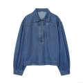 Women's Western Style Loose Denim Shirt Half Button Pullover Lapel Long Sleeve Blue Streetwear Blouse With Metal Button Patchwork Top