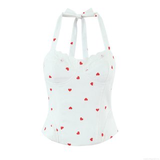 Women's Halter Neck Camisole Sexy Red Heart Print Crop Top With Lace Trim Back Zipper Y2K French Style Summer Sleeveless Top