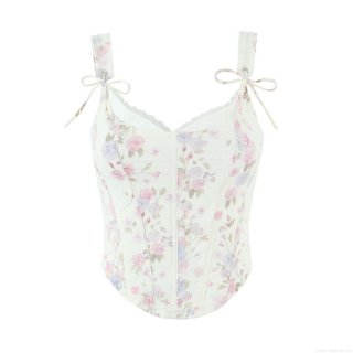 Women's Floral Print Corset Top Vintage Lace Patchwork Bustier Cami Summer Slim Fit V-Neck Adjustable Bow Shoulder Strap Mesh Tank Top Sexy Chic Streetwear
