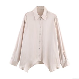 Elegant Champagne Satin Shirt Women Long Sleeve Polo Collar Single Breasted Asymmetric Hem Blouse Streetwear Casual Solid Silk Like Polyester Top