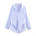 Women Striped Batwing Sleeve Shirt Polyester Cotton Contrast Lapel Collar Button Down Loose Fit Long Sleeve Casual Daily Office Fashion Blouse