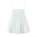 Women's White Spaghetti Strap Camisole Top Elegant Tencel Blend Pleated Bubble Hem Cami Summer Casual Sleeveless Doll Style Blouse for Women