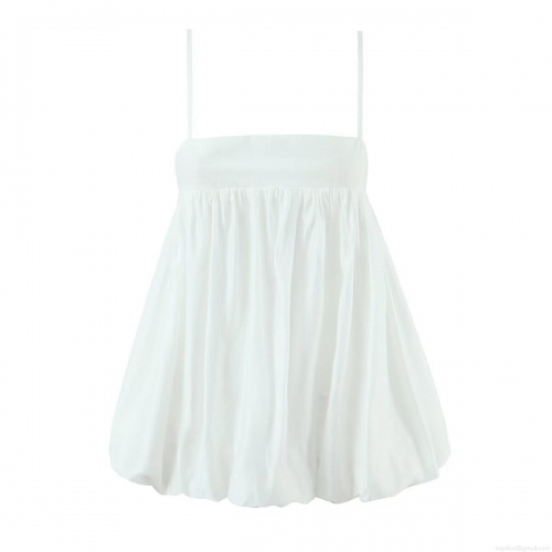 Women's White Spaghetti Strap Camisole Top Elegant Tencel Blend Pleated Bubble Hem Cami Summer Casual Sleeveless Doll Style Blouse for Women