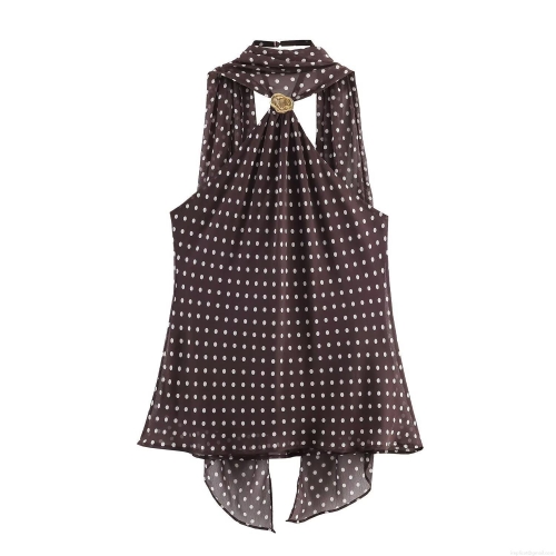 Women Halter Neck Top European Fashion Slim Fit Polka Dot Chiffon Sleeveless Tank Top With Golden Metal Ring Retro Street Style Casual Summer Party Vest