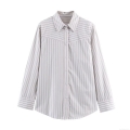 Women's Fashion Striped Long Sleeve Shirt Casual Loose Polyester Cotton Blouse With Shoulder Pads Polo Collar Single Breasted Streetwear Top For Spring Summer Ladies