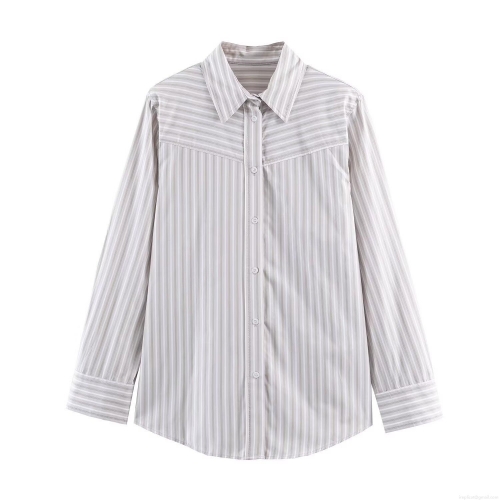 Women's Fashion Striped Long Sleeve Shirt Casual Loose Polyester Cotton Blouse With Shoulder Pads Polo Collar Single Breasted Streetwear Top For Spring Summer Ladies