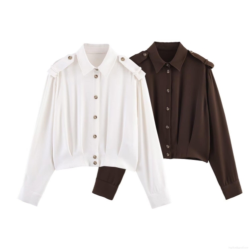 Women's Fashion Solid Color Long Sleeve Blouse With Shoulder Straps Loose Fit Lapel Button Down Shirt Office Lady Polyester Top
