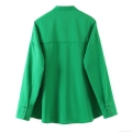 Women's Solid Green Long Sleeve Shirt Polyester Mandarin Collar Button Down Blouse Casual Loose Street Style Spring Autumn Fashion Top