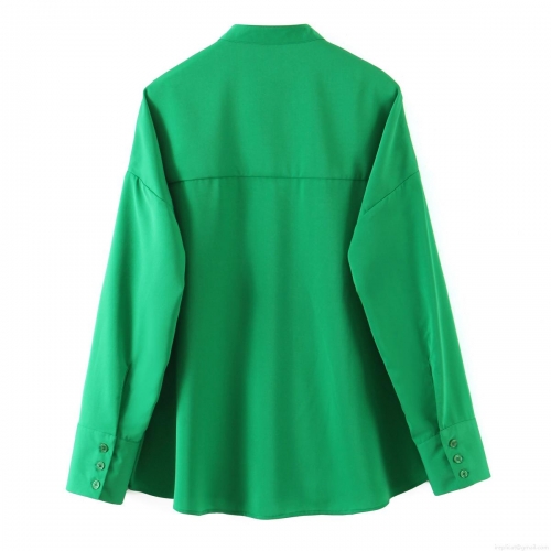 Women's Solid Green Long Sleeve Shirt Polyester Mandarin Collar Button Down Blouse Casual Loose Street Style Spring Autumn Fashion Top