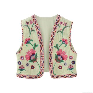 Women Y2K Ethnic Floral Embroidered Vest Short Open Front Waistcoat Bohemian Sleeveless Polyester Top Streetwear Cardigan Outerwear For Travel Casual