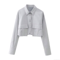 Women's Long Sleeve Crop Shirt 100% Polyester Workwear Cargo Style Blouse with Double Flap Pockets Single Breasted Streetwear Top for Ladies