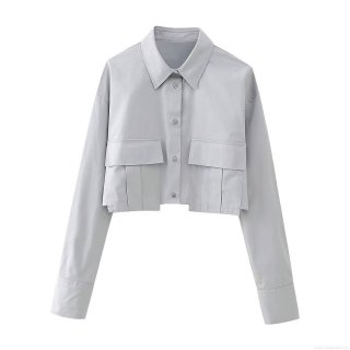 Women's Long Sleeve Crop Shirt 100% Polyester Workwear Cargo Style Blouse with Double Flap Pockets Single Breasted Streetwear Top for Ladies