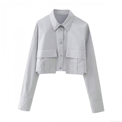 Women's Long Sleeve Crop Shirt 100% Polyester Workwear Cargo Style Blouse with Double Flap Pockets Single Breasted Streetwear Top for Ladies