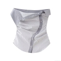 Women's Striped Off-shoulder Tube Top Slim Fit Polyester Lapel Single-breasted Button Down Shirt Style Crop Top for Summer Daily Party Streetwear