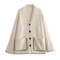 Women's Loose Knit Cardigan Sweater Contrast Trim Deep V-Neck Single Breasted Long Sleeve Top With Pockets Casual Streetwear Cream Polyester Knitwear