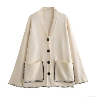 Women's Loose Knit Cardigan Sweater Contrast Trim Deep V-Neck Single Breasted Long Sleeve Top With Pockets Casual Streetwear Cream Polyester Knitwear