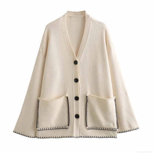 Women's Loose Knit Cardigan Sweater Contrast Trim Deep V-Neck Single Breasted Long Sleeve Top With Pockets Casual Streetwear Cream Polyester Knitwear Women's Loose Knit Cardigan Sweater Contrast Trim Deep V-Neck Single Breasted Long Sleeve Top With Pockets Casual Streetwear Cream Polyester Knitwear