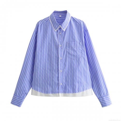 Women Casual Blue White Striped Patchwork Shirt Long Sleeve Loose Button Down Blouse Color Block Streetwear Top With Front Pocket