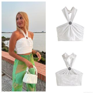 Women's Sexy White Halter Neck Crop Top With Metal Ring Detail Pleated Backless Lace-up Cami Tank Top For Summer Vacation Streetwear Women's Sexy White Halter Neck Crop Top With Metal Ring Detail Pleated Backless Lace-up Cami Tank Top For Summer Vacation Streetwear