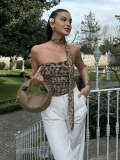 Sexy Leopard Print Halter Neck Bandeau Top With Matching Choker Ruched Mesh Slim Fit Sleeveless Backless Crop Top For Women Party Summer Fashion