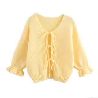 Women's Fashion V-Neck Knit Cardigan Solid Color Front Tie-Up Sweater With Ruffle Petal Sleeves Casual Loose Streetwear Knitwear For Women
