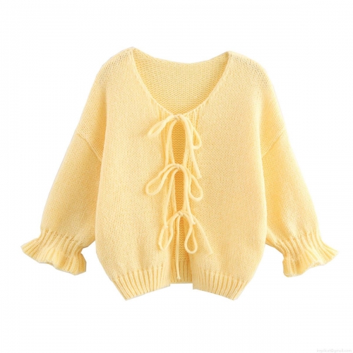 Women's Fashion V-Neck Knit Cardigan Solid Color Front Tie-Up Sweater With Ruffle Petal Sleeves Casual Loose Streetwear Knitwear For Women