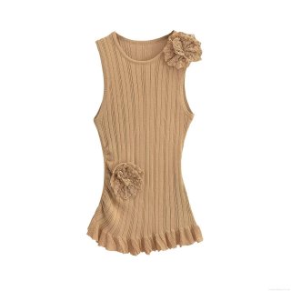 Women's Knitted Sleeveless Tank Top With 3D Flower Decoration Ruffle Hem Slim Fit Light Camel Ribbed Knit Vest For Summer Autumn Party Women's Knitted Sleeveless Tank Top With 3D Flower Decoration Ruffle Hem Slim Fit Light Camel Ribbed Knit Vest For Summer Autumn Party