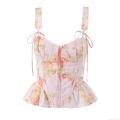 Women's Fashion Floral Print Corset Top Sleeveless Slim Fit Camisole With Ruffle Hem And Front Zipper French Vintage Pink Flower Tank Top For Summer Streetwear