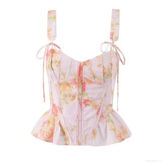 Women's Fashion Floral Print Corset Top Sleeveless Slim Fit Camisole With Ruffle Hem And Front Zipper French Vintage Pink Flower Tank Top For Summer Streetwear
