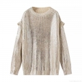 Women's Metallic Sequin Knitted Sweater Cotton Blend Round Neck Long Sleeve Pullover Mid Length Streetwear Party Casual Tops