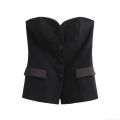 Women's Elegant Satin Patchwork Bandeau Top Strapless Button Decor Slim Fit Sleeveless Vest Sexy Chic Evening Party Clubwear Black Bodice