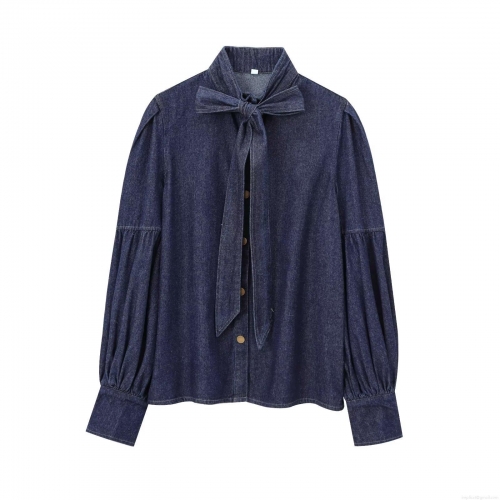 Women Fashion Denim Shirt Long Sleeve Bow Tie Neck Lantern Sleeve Button Down Blouse Casual Streetwear Retro Denim Top For Lady Women Fashion Denim Shirt Long Sleeve Bow Tie Neck Lantern Sleeve Button Down Blouse Casual Streetwear Retro Denim Top For Lady