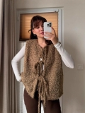 Women's Sleeveless Vest Wool-like Granule Velvet Three Bow Lace-up Front Solid Color Round Neck Casual Fashion Top for Spring Autumn Winter