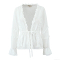 Women's Sexy V-Neck Ruffle Chiffon Blouse Long Sleeve Drawstring Waist Shirt Elegant White Streetwear Top For Ladies Spring Autumn Wear