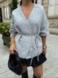 Women's Fashion Solid Color V-Neck Tie-Waist Knit Cardigan Sweater Loose Long Sleeve Casual Knitwear Jacket For Spring Autumn